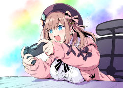 Rule 34 | 1girl, black hat, blue eyes, blush, bow, breast rest, breasts, breasts on table, brown hair, cardigan, chair, commentary, controller, flying sweatdrops, hair between eyes, hair bow, hat, holding, holding controller, large breasts, leaning forward, long sleeves, marugoshi (54burger), medium hair, nijisanji, open cardigan, open clothes, open mouth, pink cardigan, playstation controller, rainbow background, shirt, sitting, solo, striped, striped bow, suzuhara lulu, suzuhara lulu (1st costume), sweat, table, upper body, virtual youtuber, white shirt