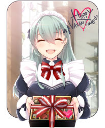 Rule 34 | 1girl, alternate costume, blush, box, buttons, chocolate, facing viewer, gift, gift box, green hair, hair between eyes, happy valentine, heart, holding, holding gift, kantai collection, long hair, long sleeves, maid headdress, open mouth, smile, solo, suzuya (kancolle), teeth, teramoto kaoru, upper body, upper teeth only, valentine