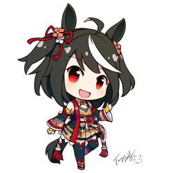 Rule 34 | 1girl, ahoge, animal ears, black hair, black sleeves, black thighhighs, breasts, brown skirt, chibi, cleavage, cleavage cutout, clothing cutout, commentary request, detached sleeves, full body, horse ears, horse girl, horse tail, kitasan black (umamusume), langbazi, long sleeves, medium breasts, multicolored hair, open clothes, pleated skirt, red eyes, signature, simple background, skirt, solo, standing, standing on one leg, streaked hair, tail, thighhighs, two side up, umamusume, white background, white hair, wide sleeves