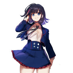 Rule 34 | 1girl, absurdres, black hair, blouse, blue eyes, blue jacket, blue skirt, blush, breasts, buttons, collared shirt, fate/requiem, fate (series), high-waist skirt, highres, jacket, large breasts, long sleeves, looking at viewer, medium hair, multicolored hair, naze, necktie, open clothes, open jacket, pink hair, shirt, skirt, smile, solo, streaked hair, thighs, utsumi erice, utsumi erice (mission start), white shirt