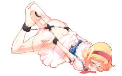 Rule 34 | 1girl, alice margatroid, ankle cuffs, ass, bad id, bad pixiv id, barefoot, bdsm, blonde hair, blue eyes, blush, bondage, bound, breasts, cuffs, ear blush, from above, full body, hairband, handcuffs, highres, looking at viewer, lying, medium breasts, nipples, non (z-art), on stomach, panties, panty pull, restrained, short hair, simple background, soles, solo, sweat, touhou, underwear, white background