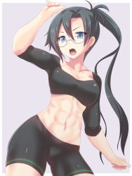 Rule 34 | 1girl, abs, absurdres, amagiri (kancolle), bike shorts, black hair, blue eyes, breasts, cowboy shot, glasses, grey background, hair between eyes, highres, kantai collection, koumei (twinameless), long hair, medium breasts, navel, open mouth, outside border, ponytail, simple background, solo