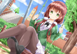 Rule 34 | 1girl, black footwear, blue sky, blush, brown hair, brown pantyhose, building, closed mouth, cloud, commentary request, day, dress, dutch angle, gochuumon wa usagi desu ka?, green eyes, green jacket, hair over shoulder, hands up, hedge, jacket, long hair, long sleeves, low twintails, outdoors, pantyhose, pleated dress, railing, shoe soles, shoes, sitting, sky, smile, solo, sparkle, stairs, stone stairs, swing, swing set, tree, twintails, ujimatsu chiya, white dress, xenon (for achieve)