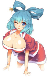 Rule 34 | 1girl, ;d, bent over, blue eyes, blue hair, blush, breasts, christmas, cleavage, collarbone, commentary request, cropped legs, eyelashes, fingernails, fur trim, hair ornament, hair rings, hair stick, highres, kaku seiga, large breasts, one eye closed, open mouth, puffy short sleeves, puffy sleeves, red skirt, red sleeves, santa costume, shiny skin, short hair, short sleeves, skirt, smile, solo, standing, touhou, umigarasu (kitsune1963)