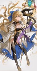 Rule 34 | 1girl, absurdres, ahoge, artoria caster (fate), artoria caster (third ascension) (fate), artoria pendragon (fate), black footwear, black gloves, blonde hair, blue ribbon, blush, boots, breasts, cleavage, cleavage cutout, clothing cutout, dress, facial mark, fate/grand order, fate (series), forehead mark, full body, gloves, green eyes, hair ribbon, highres, holding, holding staff, long hair, long sleeves, looking at viewer, ribbon, small breasts, smile, solo, staff, thigh boots, twintails, white dress, yurumawari
