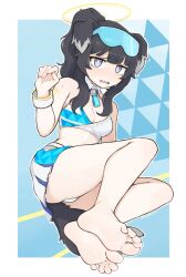 Rule 34 | 1girl, animal ears, bare legs, barefoot, black hair, blue archive, blush, bracelet, breasts, cheerleader, cleavage, dog ears, dog tail, feet, foot focus, foreshortening, hibiki (blue archive), hibiki (cheer squad) (blue archive), highres, jewelry, medium breasts, millennium cheerleader outfit (blue archive), no shoes, no socks, panties, simple background, softhanten, soles, solo, tail, toes, underwear, white panties