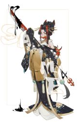Rule 34 | 1girl, animal ears, bare shoulders, beads, black hair, black kimono, dripping, earrings, floral print, holding, holding polearm, holding weapon, japanese clothes, jewelry, kimono, kurumi (recycllamo), long hair, long sleeves, mask, mouth mask, off shoulder, original, patterned, patterned clothing, polearm, shadow, short eyebrows, sleeves past fingers, sleeves past wrists, solo, standing, weapon, wide sleeves