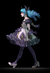 Rule 34 | 1girl, asymmetrical legwear, black choker, black gloves, blue eyes, blue hair, breasts, checkered clothes, checkered legwear, choker, dress, drill hair, frilled dress, frills, gloves, gwen (league of legends), hair ornament, high heels, highres, league of legends, light blue hair, long hair, makeup, mismatched legwear, pantyhose, smile, solo, striped clothes, striped pantyhose, thread, twintails, white dress, white footwear, white heels