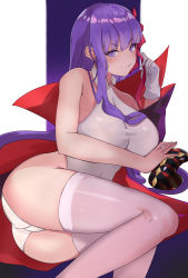 Rule 34 | 1girl, absurdres, ass, bare shoulders, bb (fate), bb (fate) (all), bb (swimsuit mooncancer) (fate), bb (swimsuit mooncancer) (third ascension) (fate), black coat, blush, border, breasts, closed mouth, coat, fate/grand order, fate (series), gloves, gradient background, hair ribbon, highres, large breasts, leotard, long hair, long sleeves, looking at viewer, lying, musicatopos, on side, open clothes, open coat, popped collar, purple background, purple eyes, purple hair, red ribbon, ribbon, single glove, smile, solo, tentacles, thighs, very long hair, white border, white gloves, white leotard