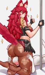 Rule 34 | 1boy, 1girl, absurdres, animal ears, anonymous (4chan), ass, between legs, between thighs, blush, cameltoe, ear piercing, femdom, fingerless gloves, gloves, head between thighs, highres, huge ass, long hair, pantyhose, piercing, pointy ears, red hair, scissorhold, tail, thick thighs, thighs, thumbs up, torn clothes, torn legwear, virtual youtuber, vshojo, w4kih, wolf ears, wolf girl, wolf tail, zentreya