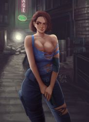 Rule 34 | 1girl, alley, assisted exposure, breasts, brown eyes, brown hair, gun, handgun, highres, jill valentine, large breasts, nipples, no bra, outdoors, pants, pistol, resident evil, resident evil 3, resident evil 3: nemesis, resident evil 3 (remake), short hair, solo, tank top, torn clothes, weapon