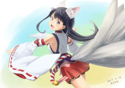 Rule 34 | 1girl, animal ears, black hair, chitose yui, detached sleeves, errant, fox ears, fox tail, japanese clothes, long hair, looking at viewer, miko, multiple tails, open mouth, purple eyes, school girl strikers, solo, tail