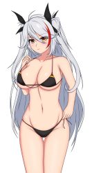 Rule 34 | 1girl, absurdres, azur lane, bare shoulders, bikini, black bikini, breasts, brown eyes, cleavage, closed mouth, collarbone, feet out of frame, fnzz, hair ribbon, highres, large breasts, long hair, looking at viewer, multicolored hair, navel, official alternate costume, prinz eugen (azur lane), prinz eugen (unfading smile) (azur lane), ribbon, silver hair, smile, solo, standing, swimsuit, white background