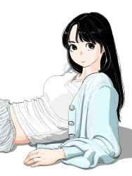 Rule 34 | 1girl, absurdres, black hair, blue cardigan, breasts, cardigan, eyeshadow, green eyes, highres, long hair, looking at viewer, lying, makeup, medium breasts, original, pants, red eyeshadow, sakamoto giulietta, shadow, simple background, solo, white background, white pants