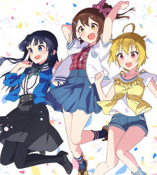 3girls ahoge arms_up black_footwear black_hair black_pantyhose black_skirt blonde_hair blue_eyes blue_jacket blue_shorts blue_skirt blue_socks blush bow breasts brown_hair clenched_hand collarbone commentary denim denim_shorts dot_nose floating_clothes floating_hair frilled_skirt frills green_ribbon hair_between_eyes hair_bow hair_flaps hair_ornament hairclip hands_up ibuki_tsubasa idolmaster idolmaster_million_live! idolmaster_million_live!_theater_days jacket jewelry jumping kasuga_mirai koma_tori large_breasts long_hair looking_at_another medium_breasts midriff_peek mogami_shizuka multiple_girls neck_ribbon necklace one_side_up open_clothes open_jacket open_mouth pantyhose pink_eyes pink_ribbon plaid_clothes plaid_shirt pleated_skirt polka_dot polka_dot_ribbon red_shirt ribbon shirt shoes short_hair short_sleeves shorts side_ponytail sidelocks skirt small_breasts smile socks star_(symbol) star_necklace strawberry_pop_moon_(idolmaster) white_background white_jacket white_shirt yellow_eyes yellow_footwear yellow_shirt