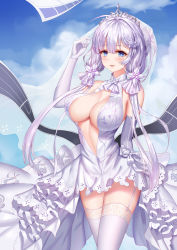 Rule 34 | 1girl, aaeru, alternate costume, alternate hairstyle, arm behind back, azur lane, blue eyes, blue sky, blush, breasts, bridal veil, bride, cleavage, cloud, collarbone, cowboy shot, day, dress, elbow gloves, flight deck, flower, garter straps, gloves, hair flower, hair ornament, hair ribbon, hand up, highres, illustrious (azur lane), illustrious (morning star of love and hope) (azur lane), jewelry, large breasts, long hair, looking at viewer, low twintails, mole, mole under eye, no bra, outdoors, ribbon, sky, smile, solo, sparkle, sun, thighhighs, thighs, tress ribbon, twintails, veil, wedding dress, white dress, white hair, white thighhighs