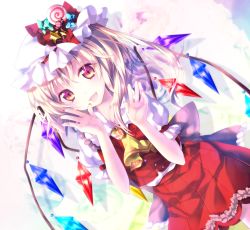 Rule 34 | 1girl, ascot, blonde hair, candy, crystal, fang, flandre scarlet, food, happy, hat, hat ribbon, looking at viewer, mob cap, nail polish, open hands, open mouth, puffy sleeves, red eyes, red nails, red skirt, ribbon, riichu, shirt, short hair, short sleeves, side ponytail, skirt, skirt set, smile, solo, star (symbol), touhou, vampire, vest, wings