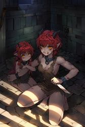 Rule 34 | 2girls, arm hug, breasts, chain, clenched teeth, collar, crying, crying with eyes open, cuffs, demon girl, demon horns, dpin (user adhr8855), fangs, hair between eyes, highres, holding, holding knife, horns, indoors, knife, long hair, looking at viewer, medium breasts, metal collar, multiple girls, original, parted lips, pointy ears, red hair, scar, seiza, shackles, shadow, siblings, sisters, sitting, slit pupils, tears, teeth