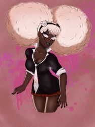 Rule 34 | 1girl, afro, afro puffs, arched back, arms at sides, bear hair ornament, bent over, black eyeliner, black hairband, black headband, black headwear, black lips, black nail polish, black nails, blonde hair, blood, blood on wall, blood splatter, blue eyes, breasts, cleavage, collarbone, collared shirt, danganronpa (series), danganronpa another episode: ultra despair girls, dark skin, eyebrows hidden by hair, eyeliner, eyes visible through hair, fake nails, fingernails, glint, hair ornament, hairband, headband, headwear request, highres, illumi nami, large breasts, leaning forward, legs together, looking up, makeup, miniskirt, nail polish, necktie, open mouth, pink background, pink blood, plaid, plaid skirt, pleated skirt, red skirt, second generation enoshima junko, shiny clothes, shiny eye, shirt, short sleeves, simple background, skirt, teeth, thighs, white neckwear