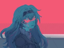 Rule 34 | 1girl, :|, akashicelegy, chain-link fence, closed mouth, expressionless, fence, firefly (honkai: star rail), from side, grey hair, hair intakes, highres, honkai: star rail, honkai (series), limited palette, long hair, red background, rooftop, simple background, solo, twitter username, upper body, vocaloid, yoru ni kakeru