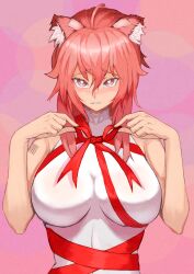 Rule 34 | 1girl, absurdres, ahoge, animal ear fluff, animal ears, arknights, barcode, barcode tattoo, blush, bonanza (naitou890), breasts, bright pupils, gravel (arknights), hair between eyes, highres, large breasts, looking at viewer, mouse ears, mouse girl, pink background, pink eyes, pink hair, red ribbon, ribbon, shirt, shoulder tattoo, simple background, solo, tattoo, upper body, white pupils, white shirt