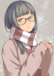 Rule 34 | 1girl, black hair, blush, grey eyes, highres, kamo (gafas), looking at viewer, parted lips, scarf, solo, sweater, winter clothes