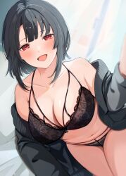 Rule 34 | 1girl, :d, black bra, black hair, black panties, bra, breasts, cleavage, collarbone, commentary request, highres, kantai collection, large breasts, looking at viewer, morning, off shoulder, on bed, open clothes, open mouth, open window, panties, pov across bed, ranran 3939, red eyes, short hair, smile, solo, takao (kancolle), underwear, window