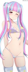 Rule 34 | 1girl, ;), absurdres, arm behind back, bang dream!, bare arms, bare shoulders, bikini, blue hair, blunt bangs, blush, breasts, closed mouth, collarbone, commentary, contrapposto, cowboy shot, gluteal fold, grey bikini, grey thighhighs, groin, hair bobbles, hair ornament, halterneck, hand up, highres, long hair, looking at viewer, lowleg, lowleg bikini, multicolored hair, navel, nyubara reona, one eye closed, paid reward available, pink hair, print bikini, print thighhighs, red eyes, roswell ss, sidelocks, simple background, skindentation, small breasts, smile, solo, split-color hair, standing, star (symbol), star print, stomach, striped clothes, striped thighhighs, swimsuit, thighhighs, twintails, twitter username, two-tone hair, very long hair, white background