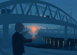 Rule 34 | 1boy, avogado6, black shirt, blue sky, bridge, commentary request, facing away, from behind, holding, long sleeves, male focus, night, original, outdoors, shirt, sky, solo, sunset