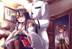 Rule 34 | 10s, 1boy, 2girls, admiral (kancolle), ahoge, blush, brown eyes, brown hair, commentary request, detached sleeves, empty eyes, fingers together, hair between eyes, hairband, hakama, hakama skirt, hand on another&#039;s head, hand on another&#039;s shoulder, haruna (kancolle), headgear, highres, index fingers together, japanese clothes, kantai collection, kongou (kancolle), lamp, long hair, military, military uniform, multiple girls, nervous, nontraditional miko, office, open door, open mouth, red hakama, rope, sidelocks, sitting, skirt, standing, suzune kou, thighhighs, translation request, uniform, wide sleeves, yandere