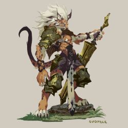 Rule 34 | 1boy, animal ears, armor, artist name, barefoot, body fur, brown background, brown cape, cape, cat boy, cat ears, cat tail, chest harness, digitigrade, faulds, from side, full body, furry, furry male, grass, greatsword, green eyes, harness, highres, holding, holding sword, holding weapon, knee pads, legs apart, looking at viewer, male focus, medium hair, murayama ryota, no lineart, orange fur, original, pauldrons, pawpads, rock, shoulder armor, signature, simple background, single pauldron, solo, spots, standing, sword, tail, weapon, white hair