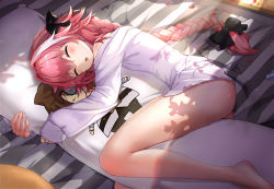 Rule 34 | 1boy, :o, ass, astolfo (fate), bare legs, bare shoulders, barefoot, bed, black bow, blanket, blush, bottomless, bow, braid, dakimakura (object), day, closed eyes, fate/grand order, fate (series), fujimaru ritsuka (male), hair bow, highres, implied yaoi, indoors, kira (pixiv10023770), long hair, long sleeves, male focus, multicolored hair, hugging object, off shoulder, on bed, open mouth, petals, pillow, pillow hug, pink hair, shirt, single braid, sleep, sleeping, sleeves past wrists, solo, streaked hair, sunlight, trap, very long hair, white hair, white shirt