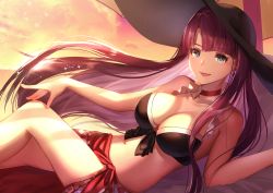 Rule 34 | 1girl, bare arms, bare shoulders, bikini, black bikini, black bow, black hat, blue eyes, blunt bangs, bow, breasts, choker, cleavage, collarbone, commentary request, cross, dolce (dolsuke), evening, fate/grand order, fate (series), feet out of frame, fingernails, from side, front-tie bikini top, front-tie top, hand on own knee, hat, knee up, large breasts, long hair, looking at viewer, looking to the side, lying, martha (fate), martha (swimsuit ruler) (fate), martha (swimsuit ruler) (first ascension) (fate), navel, on back, orange sky, purple hair, red choker, sarong, sky, solo, sparkle, stomach, straight hair, sun hat, sunlight, swimsuit, very long hair