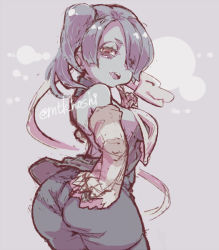 Rule 34 | 1girl, ass, blue hair, blue skin, blush stickers, colored skin, detached collar, detached sleeves, dress, grey background, hand on own hip, leviathan (skullgirls), long sleeves, looking at viewer, looking back, mtk hoshi, open mouth, pantylines, red eyes, side ponytail, skeletal arm, sketch, skullgirls, smile, solo, squigly (skullgirls), stitched mouth, stitches