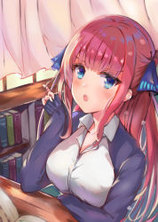 Rule 34 | 1girl, absurdres, arm under breasts, arm up, blue eyes, blunt bangs, blush, breasts, butterfly hair ornament, cardigan, go-toubun no hanayome, hair ornament, twirling hair, highres, hime cut, indoors, library, long hair, looking at viewer, nakano nino, open cardigan, open clothes, open mouth, pink hair, purple cardigan, shirt, sleeves past wrists, twintails, v-shaped eyebrows, white shirt, y (yyyako2)