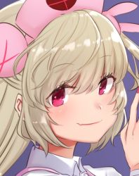 Rule 34 | 1girl, blonde hair, blue background, blush, closed mouth, collared shirt, fang, fingernails, hand up, hat, looking at viewer, nail polish, natori sana, nurse cap, pink eyes, portrait, red nails, sana channel, shirt, simple background, skin fang, smile, solo, utsusumi kio, virtual youtuber, wing collar