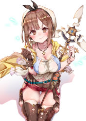 Rule 34 | 1girl, alt (ctrldel), arms up, atelier (series), atelier ryza, atelier ryza 1, belt, black panties, bracelet, breasts, brown eyes, brown gloves, brown hair, cleavage, closed mouth, collarbone, commentary, feet, flask, full body, gloves, highres, jewelry, looking at viewer, medium breasts, navel, necklace, panties, red shorts, reisalin stout, round-bottom flask, seiza, short hair, short shorts, shorts, simple background, single glove, sitting, skindentation, smile, solo, staff, star (symbol), star necklace, thigh gap, thighhighs, thighs, underwear, vial, white background, white thighhighs