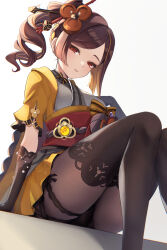 Rule 34 | 1girl, absurdres, black gloves, breasts, brown eyes, brown hair, chiori (genshin impact), commentary request, feet out of frame, from below, genshin impact, gloves, grey kimono, highres, japanese clothes, kimono, long hair, looking at viewer, medium breasts, miniskirt, obi, pantyhose, parted lips, ponytail, red sash, sash, short sleeves, simple background, sitting, skirt, solo, thighs, ura (hamburg oniku), white background, yellow skirt