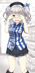 Rule 34 | &gt; o, 10s, 1girl, beret, black socks, blue eyes, blush, character name, covering face, embarrassed, employee uniform, flying sweatdrops, gedou (ge ge gedou), hat, kantai collection, kashima (kancolle), kneehighs, lawson, long hair, looking at viewer, miniskirt, name tag, one eye closed, open mouth, peeking through fingers, pleated skirt, shirt, short sleeves, silver hair, skirt, socks, solo, striped clothes, striped shirt, twintails, uniform, vertical-striped clothes, vertical-striped shirt, wavy hair, wavy mouth