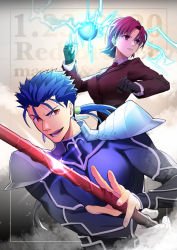 Rule 34 | 1boy, 1girl, :d, armor, bazett fraga mcremitz, black gloves, blue bodysuit, blue hair, bodysuit, clenched hand, cu chulainn (fate), cu chulainn (fate/stay night), earrings, fate/hollow ataraxia, fate (series), formal, fragarach (fate), gae bolg (fate), gloves, grey background, hair strand, highres, holding, holding polearm, holding weapon, jewelry, kassan (kassan 5a), long hair, looking at viewer, looking away, necktie, open mouth, pant suit, pants, pauldrons, polearm, ponytail, red eyes, red hair, red necktie, short hair, shoulder armor, smile, suit, upper body, weapon