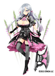 Rule 34 | 1girl, ascot, axe, black footwear, black gloves, black skirt, boots, bow, braid, breasts, character request, cleavage, expressionless, eyes visible through hair, fingerless gloves, flower knight girl, full body, gloves, grey hair, grey thighhighs, hair bow, hair ornament, hair over one eye, hairclip, holding, holding axe, kurot, large breasts, long hair, looking at viewer, official art, pink ascot, purple bow, purple eyes, shiny skin, side braid, skirt, solo, striped clothes, striped thighhighs, thigh strap, thighhighs, vertical-striped clothes, vertical-striped thighhighs