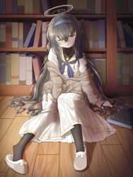 Rule 34 | 1girl, absurdres, black hair, black pantyhose, blue archive, blurry, book, bookshelf, commentary request, depth of field, full body, hair between eyes, hairband, halo, highres, indoors, jewelry, library, long hair, long sleeves, looking at viewer, low twintails, necklace, pantyhose, parted lips, pendant, pleated skirt, purple eyes, ribbed sweater, school uniform, serafuku, sidelocks, sitting, skirt, sleepy, slippers, solo, sweater, turtleneck, turtleneck sweater, twintails, ui (blue archive), waking up, white skirt, wjddn