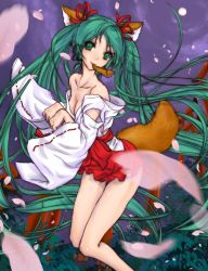 Rule 34 | 1girl, animal ears, bare shoulders, breasts, cleavage, collarbone, fox ears, fox tail, full moon, green eyes, green hair, hakama, hakama short skirt, hakama skirt, hatsune miku, japanese clothes, legs, long hair, matching hair/eyes, medium breasts, miko, moon, mouth hold, necktie, nick nihura, off shoulder, paw pose, petals, skirt, solo, tail, twintails, very long hair, vocaloid