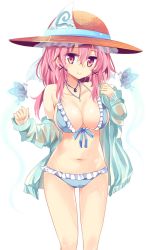 Rule 34 | 1girl, bare shoulders, bikini, blue bikini, breasts, bug, butterfly, cleavage, collarbone, eyebrows, frilled bikini, frills, front-tie bikini top, front-tie top, hair between eyes, hair ornament, hat, highres, insect, jewelry, large breasts, looking at viewer, magatama, maturiuta sorato, navel, off shoulder, pendant, pink eyes, pink hair, saigyouji yuyuko, simple background, smile, solo, standing, sun hat, swimsuit, touhou, triangular headpiece, wet, wet clothes, white background, x hair ornament