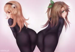 Rule 34 | 2girls, ass, ass-to-ass, blush, bodysuit, bow, brown hair, compa, from behind, green eyes, hair bow, hairband, highres, if (neptunia), leaning, leaning forward, long hair, looking at viewer, looking back, multiple girls, neptune (series), pink eyes, pink hair, side ponytail, skin tight, smile, suterisu