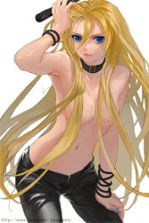 Rule 34 | 1girl, bad id, bad pixiv id, blonde hair, blue eyes, bracelet, censored, collar, convenient censoring, hair censor, hair over breasts, jewelry, lily (vocaloid), long hair, looking at viewer, microphone, navel, pants, simple background, solo, topless, very long hair, vocaloid, yamakawa (sato), yamakawa umi