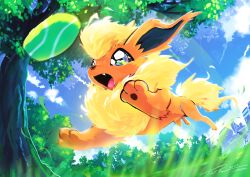 Rule 34 | 1boy, ball, cloud, commentary, creatures (company), dated, day, falling leaves, fang, fetch, flareon, from below, game freak, gen 1 pokemon, grass, highres, irischroma, leaf, nintendo, open mouth, outdoors, pokemon, pokemon (creature), signature, sky, tennis ball, tongue, tree