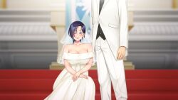 Rule 34 | 1girl, bare shoulders, blue eyes, blue hair, blurry, blurry background, blush, breasts, breath, bridal veil, bride, cleavage, dress, game cg, indoors, jewelry, large breasts, legs, looking at viewer, oikawa madoka, open mouth, original, own hands together, rin to shita tsuma wa, hitoshirezu midarazuma e to ochite, ring, short hair, sitting, smile, standing, thighs, un equals shokutarou, veil, wedding band, wedding dress