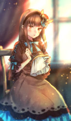 Rule 34 | 1girl, brown dress, brown eyes, brown hair, chair, dress, hair ornament, hairband, indoors, long hair, moe (hamhamham), needle, personification, pokemon, solo, stitches, window