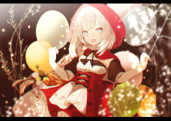 Rule 34 | 1girl, :d, baguette, balloon, basket, black ribbon, bottle, bow, braid, bread, breasts, cape, commentary request, dress shirt, fate/grand order, fate (series), food, grey eyes, hands up, hood, hood up, hooded cape, letterboxed, long hair, looking at viewer, marie antoinette (fate), official alternate costume, open mouth, pleated skirt, puffy short sleeves, puffy sleeves, red bow, red cape, red skirt, ribbon, shirt, short sleeves, silver hair, skirt, small breasts, smile, solo, very long hair, white shirt, yuzuyomogi